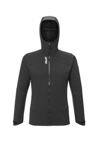 Black zip-up softshell jacket with hood, long sleeves, and "MILLET" logo on the chest and left shoulder.