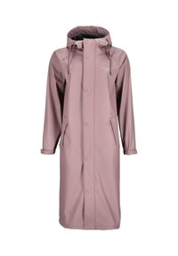 Abrigo de lluvia largo de color malva con capucha, botones a presión frontales, correas ajustables en las muñecas y dos bolsillos laterales, diseñado para cubrir toda la longitud.