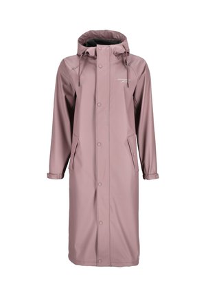 Light pink waterproof raincoat with a hood, snap buttons, two side pockets, and adjustable cuffs, made from smooth, durable fabric.