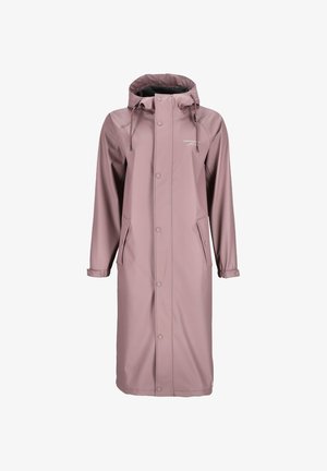 Hellrosa, wasserdichte Regenjacke mit Kapuze, Druckknöpfen, zwei Seitentaschen und verstellbaren Manschetten, aus glattem, strapazierfähigem Material.