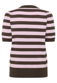 Haut à manches courtes rayé en marron et rose clair. Présente un col rond et une texture ajustée avec des poignets et un ourlet élastiques.