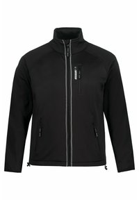 Czarna kurtka softshell z wysokim kołnierzem, z przodu na zamek, dwoma bocznymi kieszeniami na zamek i kieszenią na klatce piersiowej. Posiada szare akcenty i regulowany dół.