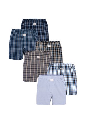 Sept paires de boxers pour hommes avec ceintures élastiques, arborant divers motifs à carreaux et rayures bleus, gris et marron.