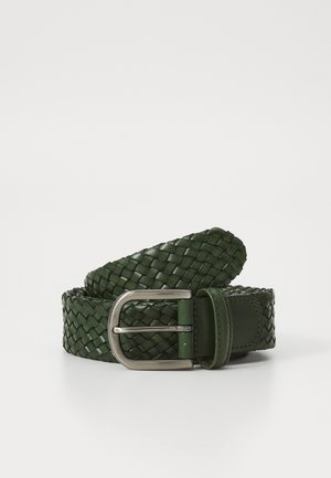 Green woven leather belt with a smooth finish. Features a silver metal buckle and a rounded tip. Textured pattern enhances visual interest.