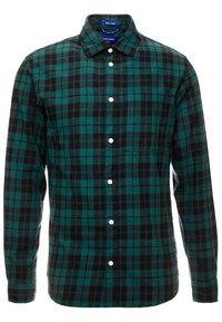 Grüne und schwarze Karoshemd mit langen Ärmeln, Button-Down-Kragen, weißen Knöpfen und einer einzelnen Brusttasche. Aus weichem Stoff gefertigt.