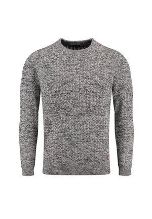Suéter gris de punto con un patrón texturizado, cuello redondo y mangas largas. Presenta un dobladillo y puños acanalados, además de una pequeña etiqueta de la marca.