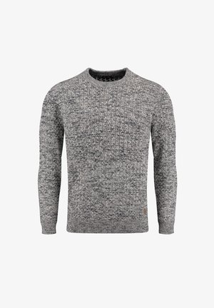 Grey knitted sweater with a textured pattern, crew neck, and long sleeves. Features a ribbed hem and cuffs, and a small brand label.