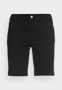 Zwarte katoenen shorts met een rechte pasvorm, voorzien van een tailleband met een knoop aan de voorkant en een omgeslagen zoom. Minimalistisch ontwerp zonder zichtbare patronen.