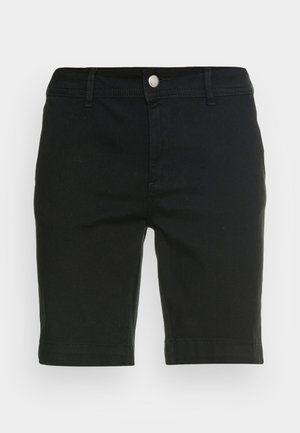 Schwarze Baumwollshorts mit geradem Schnitt, ausgestattet mit einem Bund und einem Vorderknopf sowie einem umgeschlagenen Saum. Minimalistisches Design ohne sichtbare Muster.
