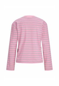 Maglia a maniche lunghe con righe orizzontali rosa e nere, design a girocollo e una texture di tessuto liscia, con fessure laterali all'orlo.