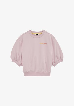 Svetle růžová mikina s krátkými nafouklými rukávy, vyztuženým výstřihem a lemem, na přední straně s nápisem "GOLDEN HOURS" ve žluté a tmavě růžové barvě.