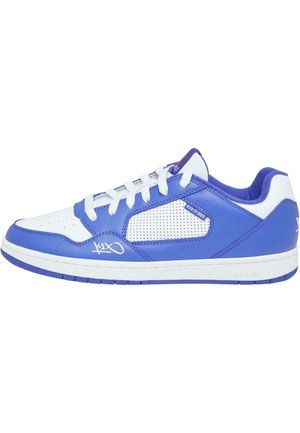Blå og hvid sneaker med et glat læderoverdel, perforeret design, flade hvide snørebånd og en hvid gummisåle. Har logoaccenter.