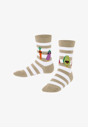 Chaussettes jusqu'aux genoux avec un fond taupe, des rayures blanches et des personnages de légumes colorés : carotte, aubergine, avocat et tomate.