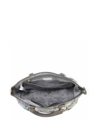 Grijze handtas met bloemmotieven, dubbele handvaten en binnenzakken. Glad materiaal met gouden hardware details en gestructureerde voering.