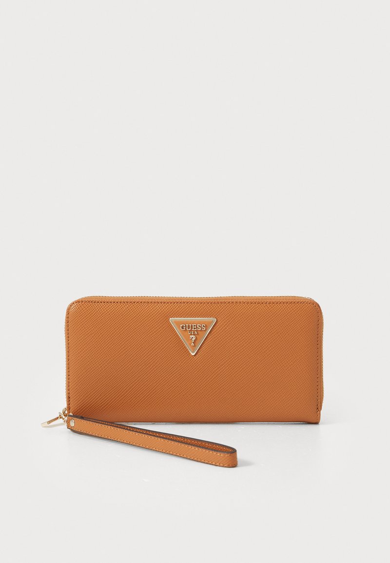 Orange textured wallet with a sleek design, featuring a triangular metal logo and a wrist strap for easy carrying. Zipper closure.