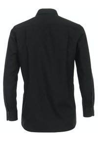 Schwarzes Langarmhemd mit Button-Down-Kragen. Hergestellt aus glattem Stoff, mit geradem Schnitt und geknöpften Manschetten an den Ärmeln.