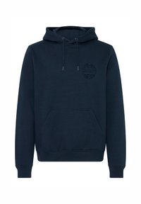 Felpa con cappuccio blu navy con tasca anteriore a sacco, coulisse e logo a rilievo di un globo con la scritta "NAVIGATE" sul petto.