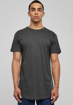 Graues T-Shirt mit kurzen Ärmeln aus weichem Baumwoll-Mischgewebe. Reguläre Passform mit rundem Halsausschnitt und geradem Saum. Keine sichtbaren Muster oder Akzente.