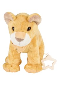 Plush lion toy with a soft yellow body, cream accents, and a textured bandana. Features large black eyes and a white star-shaped teether.