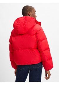 Rode pufferjack met een capuchon, voorzien van een doorgestikt ontwerp en elastische manchetten. De stof lijkt glad en glanzend vanuit een achteraanzicht.