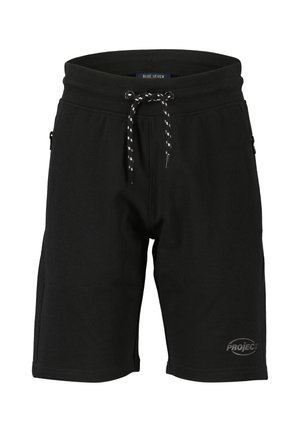 Czarne szorty casual z elastycznym pasem, sznurkiem ściągającym w białe kropki, zapinane na zamek boczne kieszenie oraz logo "PROJECT" na dolnej lewej nogawce.