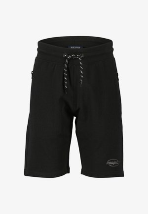 Zwarte casual shorts met elastische tailleband, witgevlekte trekkoord, ritssluitingen aan de zijkanten en "PROJECT"-logo op het onderste gedeelte van het linkerbeen.