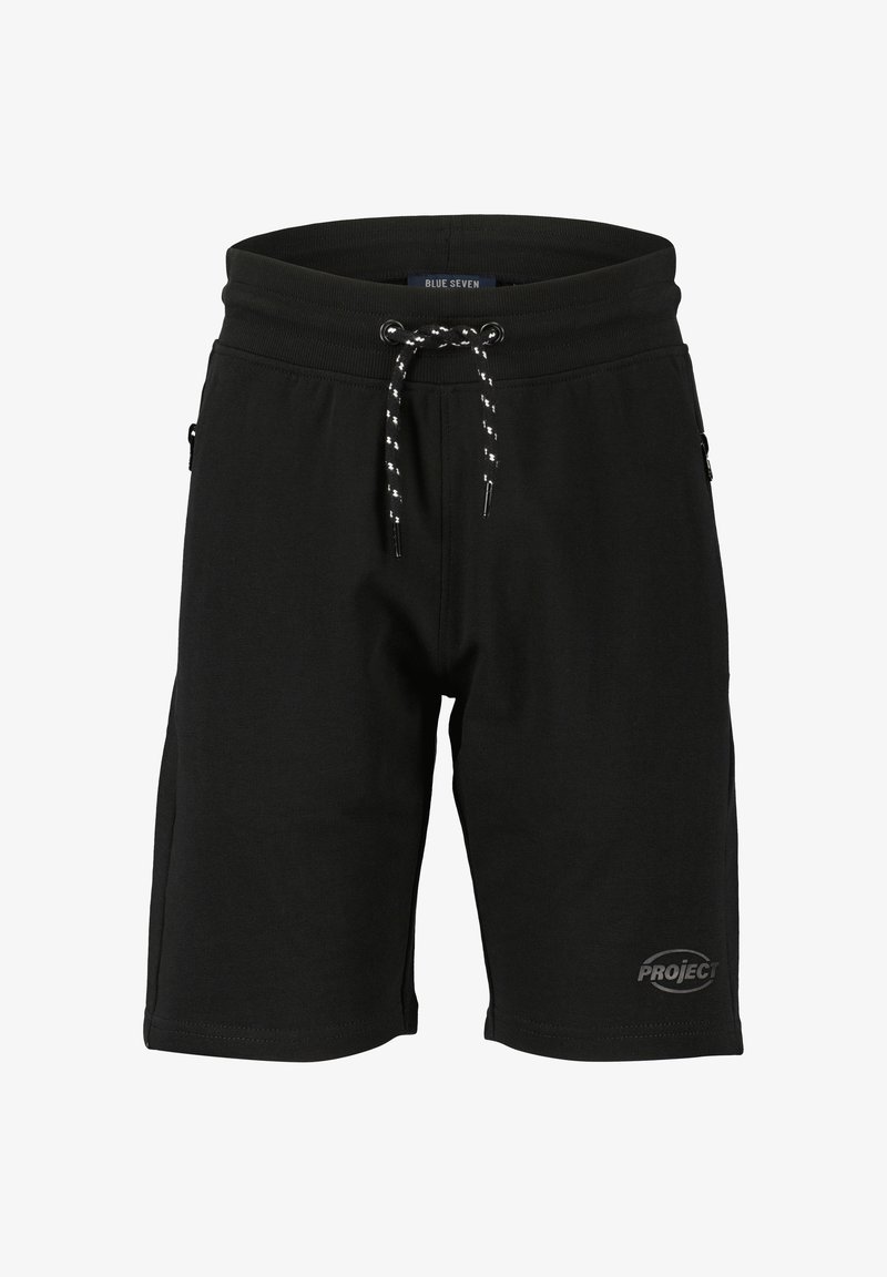 Shorts décontractés noirs avec taille élastique, cordon de serrage tacheté de blanc, poches latérales zippées et logo « PROJECT » sur la partie inférieure de la jambe gauche.