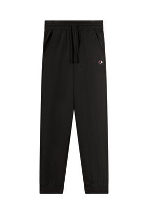 Black drawstring sweatpants with elastic cuffs, side pockets, and a small Champion logo on the left thigh.