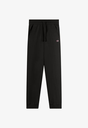 Schwarze Sweatpants mit Kordelzug, elastischen Bündchen, Seitentaschen und einem kleinen Champion-Logo am linken Oberschenkel.