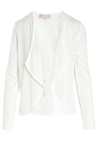 Cardigan en tricot blanc avec un devant ouvert, des manches longues et un motif texturé. Dispose d'un col châle et d'un ourlet brut. Tissu léger.