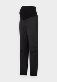 Zwarte zwangerschapsbroek met een rekbare tailleband, voorzien van zijzakken en een slim fit ontwerp, gemaakt van een glad materiaal.