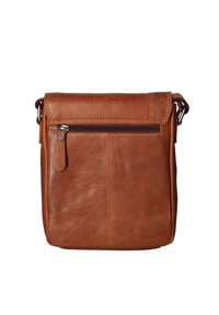 Borsa a tracolla in pelle marrone con tasca frontale con zip, texture liscia e design minimale. Forma rettangolare compatta, tracolla regolabile.