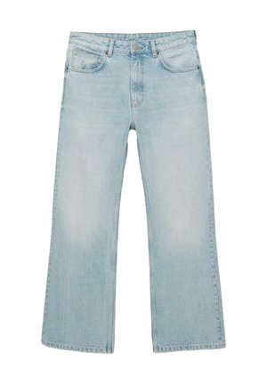 Hellblaue Jeans mit weitem Bein, vorn mit Knöpfen, Reißverschluss und Fünf-Taschen-Stil auf weißem Hintergrund.
