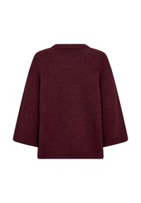 Burgundy tröja med texturerad stickning, vida ärmar och rundad halsringning. Baksidan har en enkel, sömlös design.
