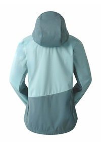 Wasserabweisende Jacke mit einem zweifarbigen Design in hell- und dunkelpetrol, mit Kapuze, glatter Textur und einem leicht abgerundeten Saum.
