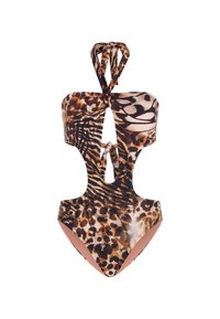 Egyrészes fürdőruha leopárd és zebra mintával, nyakpántos kivitelben és kivágott oldalakkal, rugalmas anyagból készült.