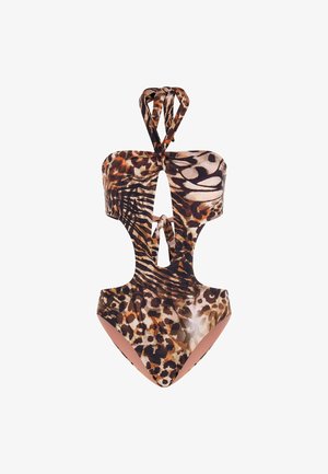 One-piece swimsuit with leopard and zebra print, featuring a halter neck and cut-out sides, made from stretchy fabric.
