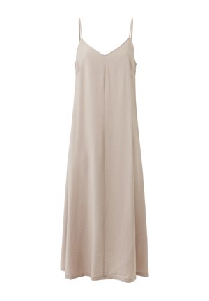 Lungo vestito beige senza maniche con sottili spalline a spaghetti e scollo a V, fluente e ampio fino al pavimento.