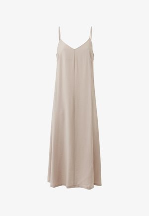 Lungo vestito beige senza maniche con sottili spalline a spaghetti e scollo a V, fluente e ampio fino al pavimento.