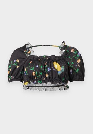 Zwarte cropped blouse met pofmouwen, bloemen- en citroendessin, elastische halslijn en zoom, en een doorschijnende ruches aan de onderkant.