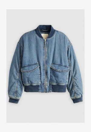 Denim bomberska jakna s rebrastim ovratnikom i manžetama, prednjim patentnim zatvaračem i dva velika džepa s krpom. Mekana, blago teksturirana plava tkanina.