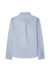 Světle modrá košile s dlouhým rukávem, se záševkem na zadní straně, knoflíkovými manžetami a jemnou texturou látky. Přiléhavý střih s klasickým límečkem.