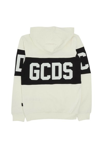 Hoodie blanc avec un panneau horizontal noir portant l'inscription "GCSD" en lettres blanches dans le dos. Tissu en mélange de coton avec une coupe décontractée et une capuche.