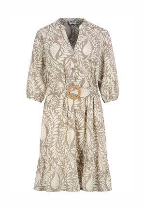 Beige knee-length dress with white leaf patterns, three-quarter sleeves, button front, belted waist with round buckle, and ruffled hem.