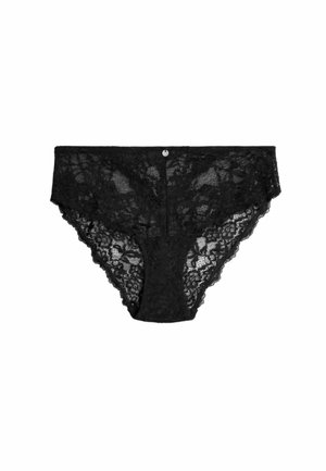 Bragas de encaje negro con patrón floral, bordes festoneados y un detalle de botón en el centro. Textura suave con secciones transparentes, diseñadas para la comodidad.