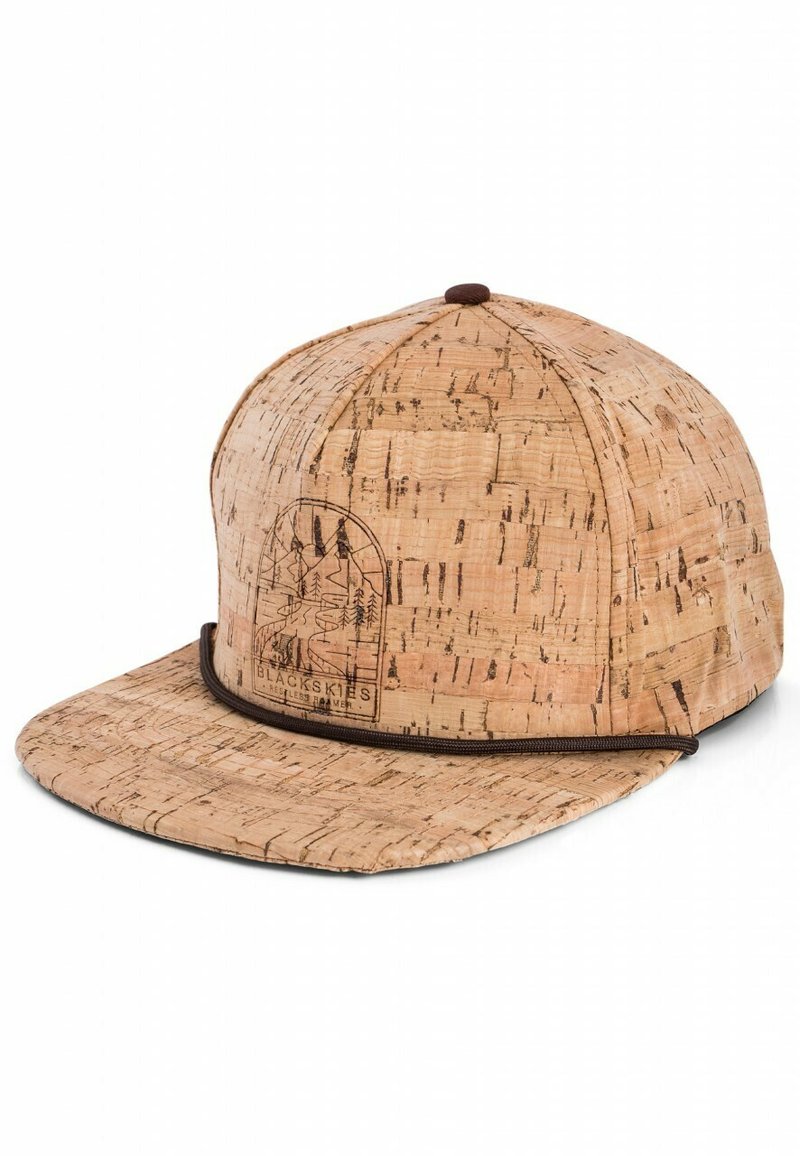 Cork baseball cap with a flat brim, featuring a brown trim and a black logo of mountains and trees embossed on the front.