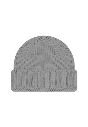 Szara dziana czapka beanie z prążkowanym mankietem i gładką, zaokrągloną koroną. Wykonana z miękkiej przędzy, ma teksturowane wykończenie.
