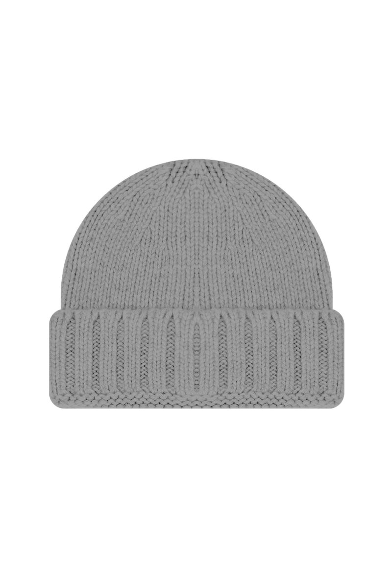 Berretto lavorato a maglia grigio con fondo a coste e una corona liscia e arrotondata. Realizzato in filato morbido, presenta una finitura testurizzata.