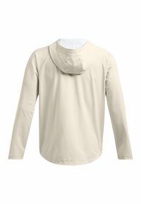 Beige huva långärmad jacka sedd bakifrån. Slät textil med avslappnad passform och rundad nederkant, med en enkel design.
