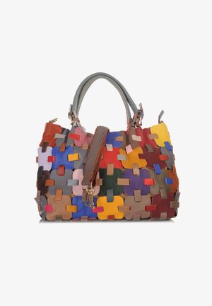 Multicolored leather handbag with patchwork pattern and two gray handles, featuring a detachable shoulder strap with gold clasps.